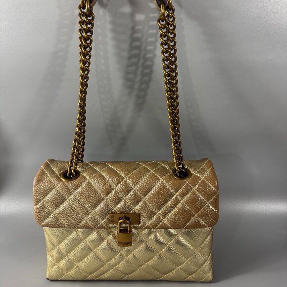 Kurt Geiger Handbags - KURT GEIGER LONDON BRIXTON Metallic Gold Quilted Leather Pad Lock Shoulder Bag